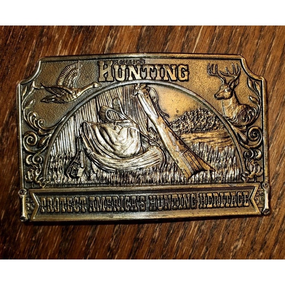 Vintage‎ 1976 Lewis Buckles Petersen Hunting Belt Buckle Deer Duck Brass - USA